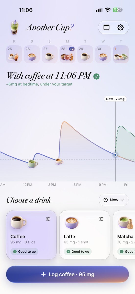 Another Cup? home: your recent drinks, caffeine forecast, and favorite drinks to log