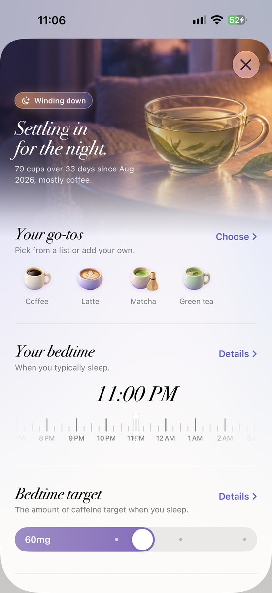 Another Cup? settings: an evening tea scene, go-to drinks, and personal bedtime preferences