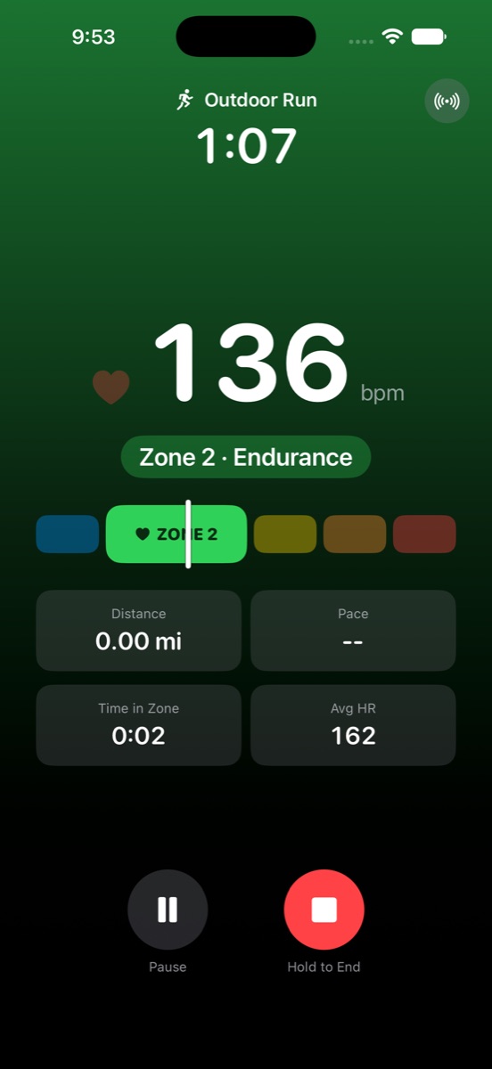 FitZones screenshot: live heart-rate zone display
