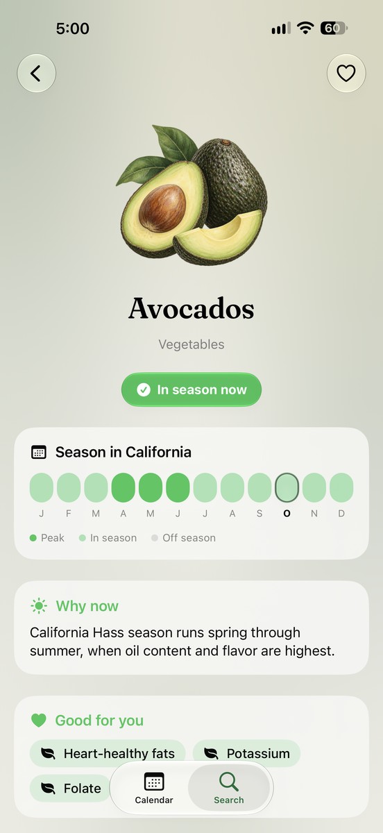 Peach & Pea ingredient detail: avocados, their seasonal calendar, and nutrition