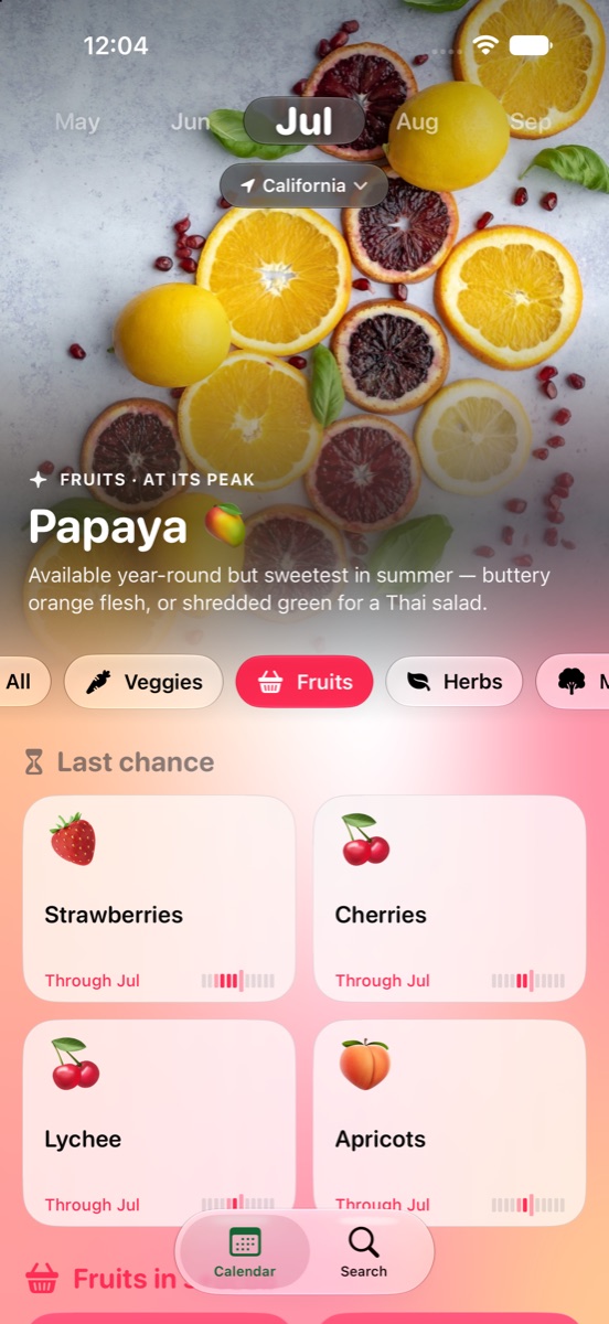 InSeason screenshot: today's seasonal ingredients