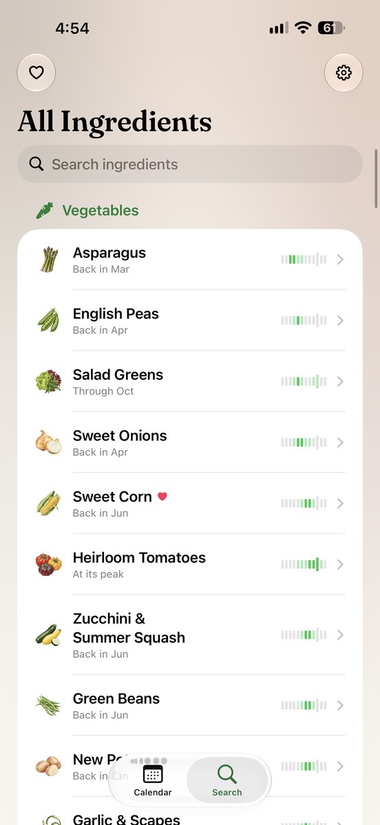 Peach & Pea: All ingredients search and seasonal windows