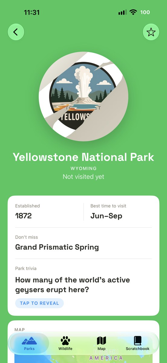 Scratchbook: partly scratched Yellowstone badge and park facts
