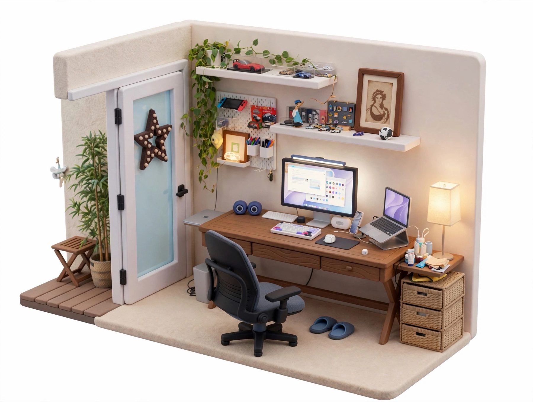 Isometric render of Larry's desk in daylight: a wooden desk with a monitor, laptop, mechanical keyboard, shelves of model cars and trinkets, and plants